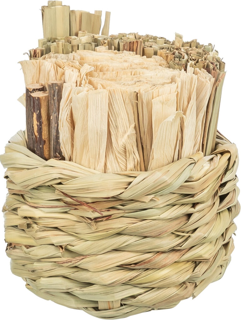 Mand, gras, met hooi, maïsbladeren en houten stok, ø 9 × 9 cm
