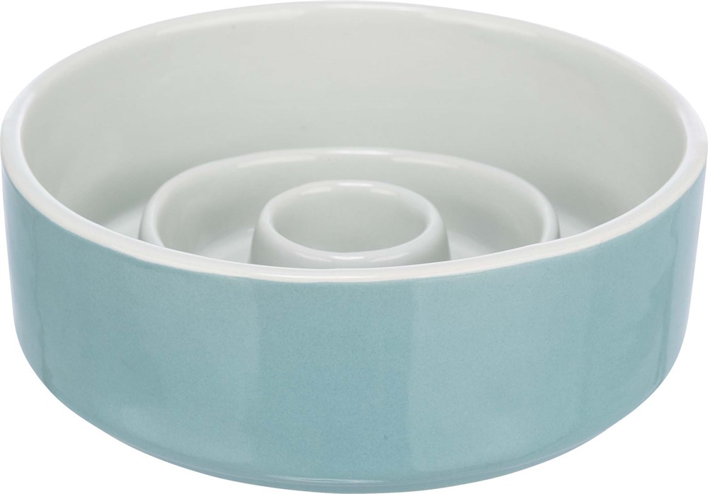 [24520               ] Slow Feeding Voer/waterbak, keramiek, 0,45 l/ø 14 cm, grijs/blauw